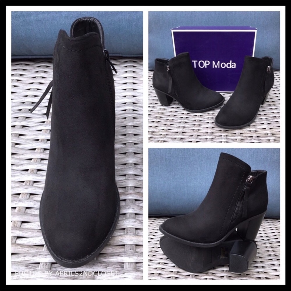 BLACK ANKLE BOOTIES BLOCK HEEL MOTO BOOTS - Picture 7 of 8